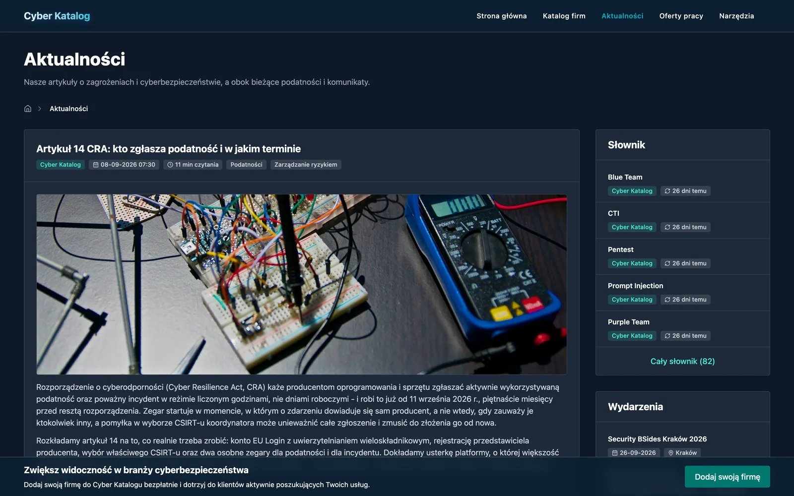 Widok redakcyjny aktualności w Cyber Katalog