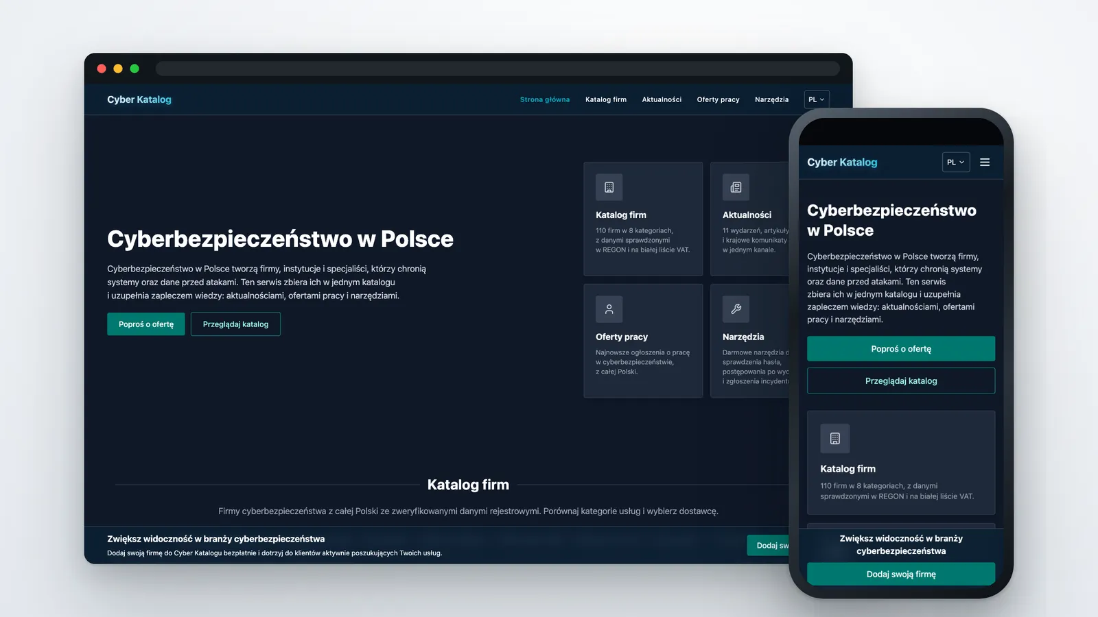 Cyber Katalog na ekranie komputera i telefonu: strona główna z nagłówkiem serwisu oraz kafelkami katalogu firm, aktualności, ofert pracy i narzędzi.