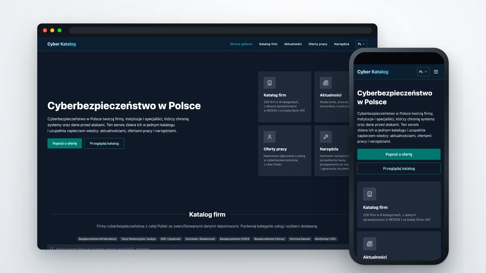 Cyber Katalog na ekranie komputera i telefonu: strona główna z nagłówkiem serwisu oraz kafelkami katalogu firm, aktualności, ofert pracy i narzędzi.