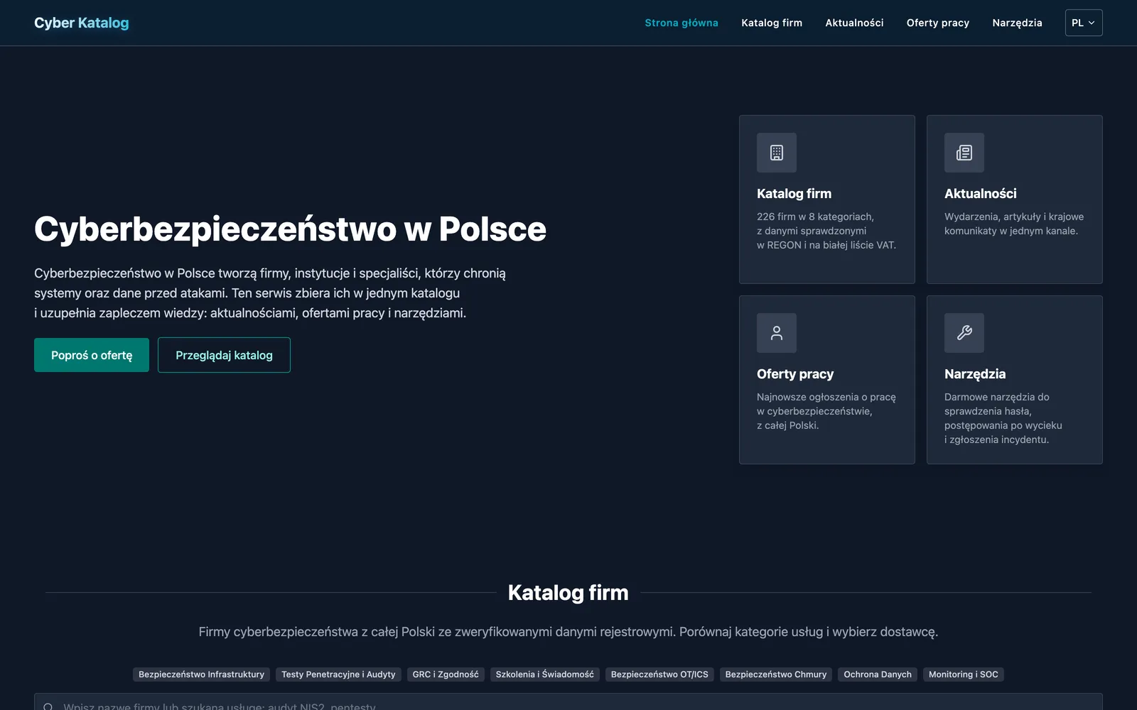 The Cyber Katalog interface, a directory of Polish cybersecurity companies
