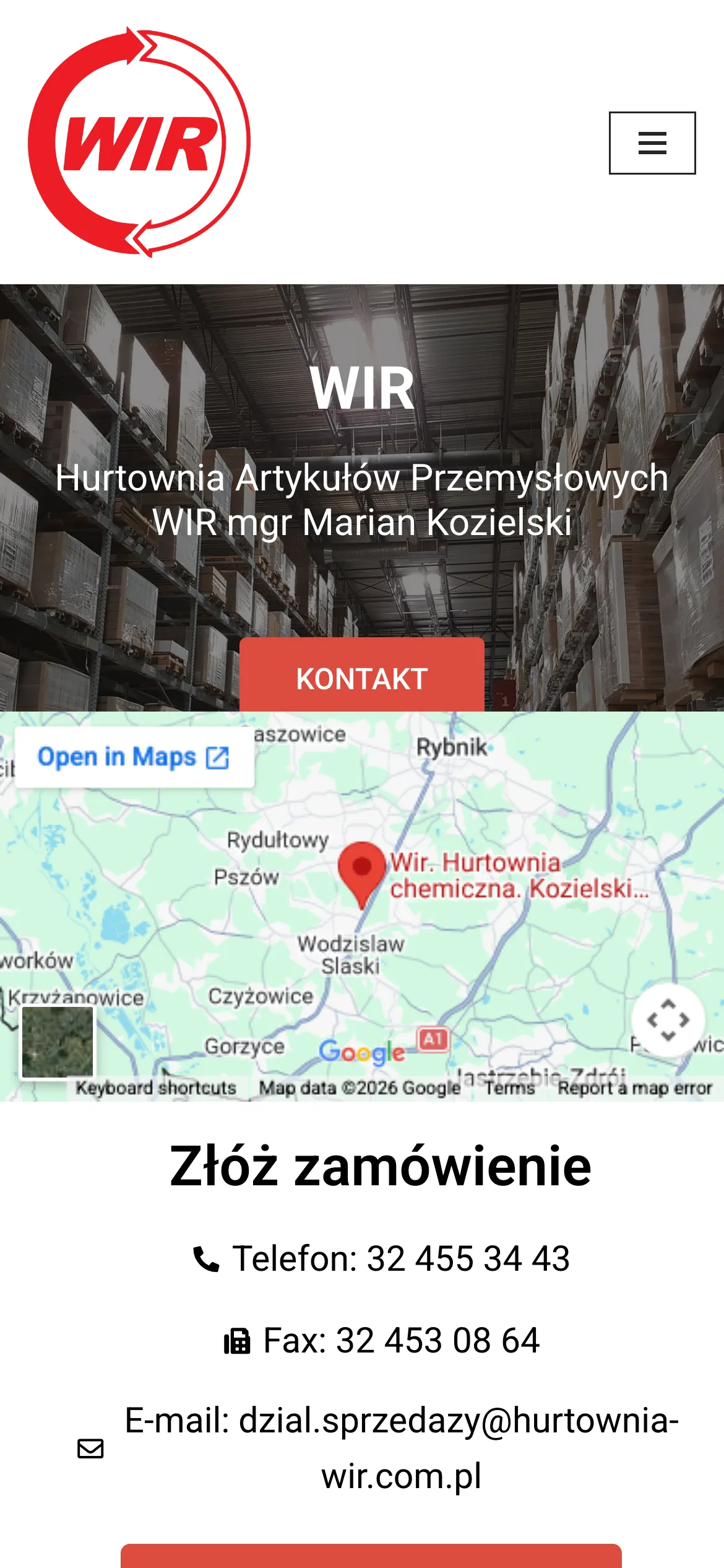 Strona hurtowni WIR na telefonie, w układzie jednokolumnowym