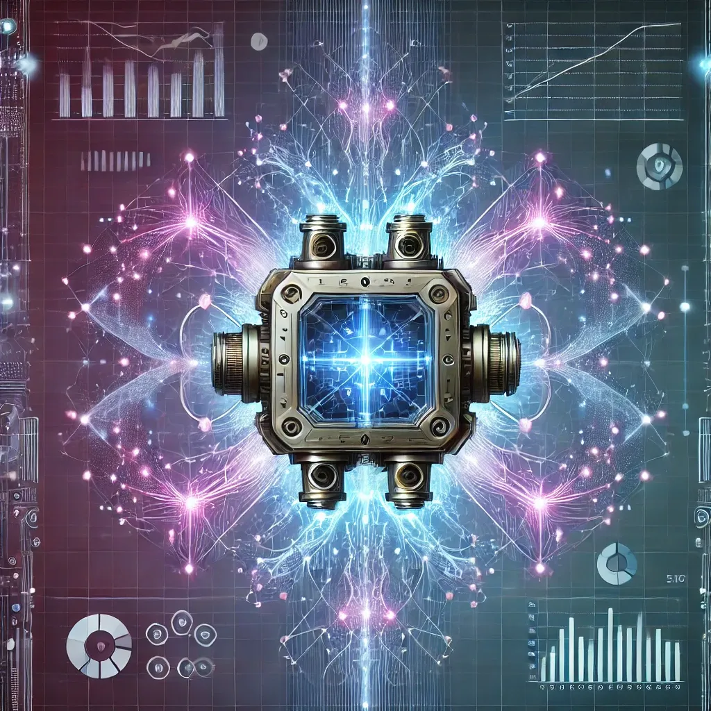 Futurystyczna ilustracja transformatora sieci neuronowej w centrum, przedstawionego za pomocą świecących węzłów i skomplikowanych, połączonych linii w odcieniach niebieskiego, fioletu i neonu. Tło zawiera subtelne elementy zorientowane na biznes, takie jak wykresy, ikony danych i grafy, płynnie zintegrowane z projektem. Styl jest szczegółowy, nowoczesny i przekazuje estetykę high-tech.