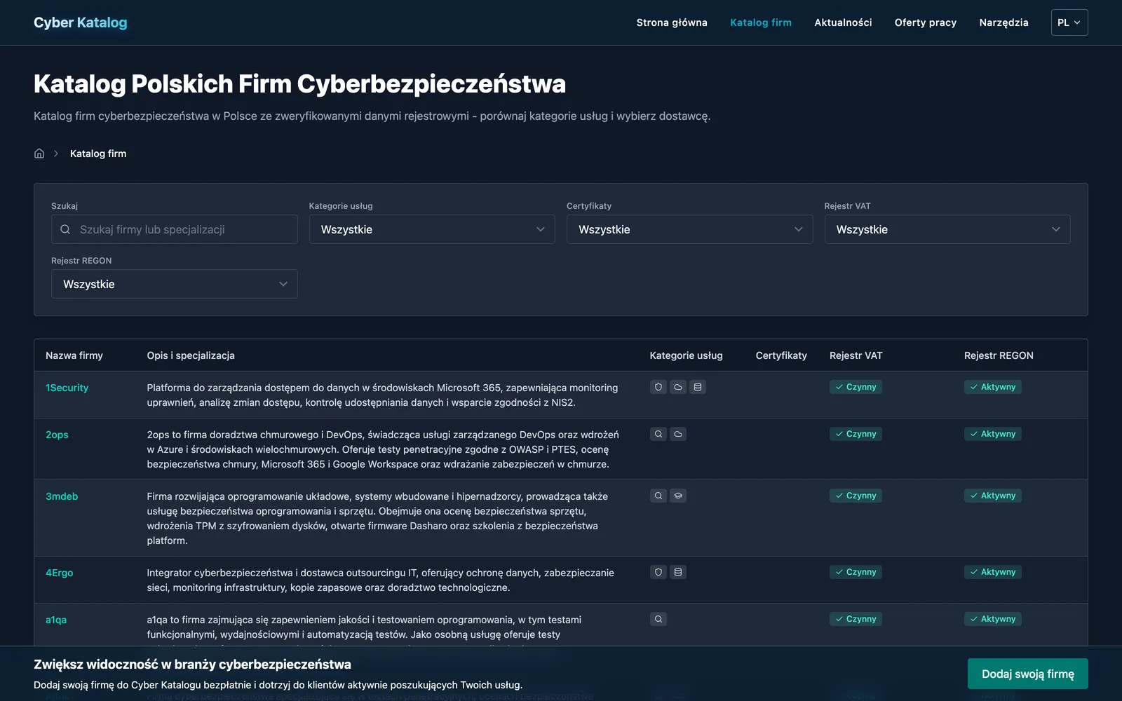 Lista firm z sektora cyberbezpieczeństwa z filtrami i kategoriami w Cyber Katalog