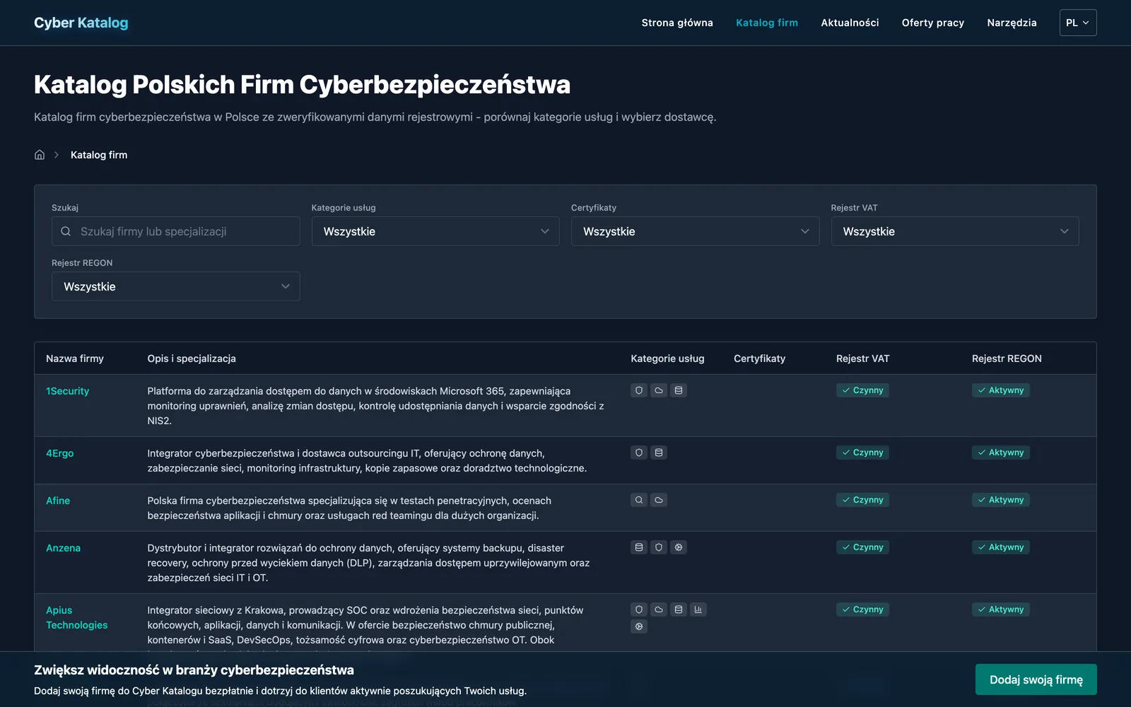 Lista firm z sektora cyberbezpieczeństwa z filtrami i kategoriami w Cyber Katalog