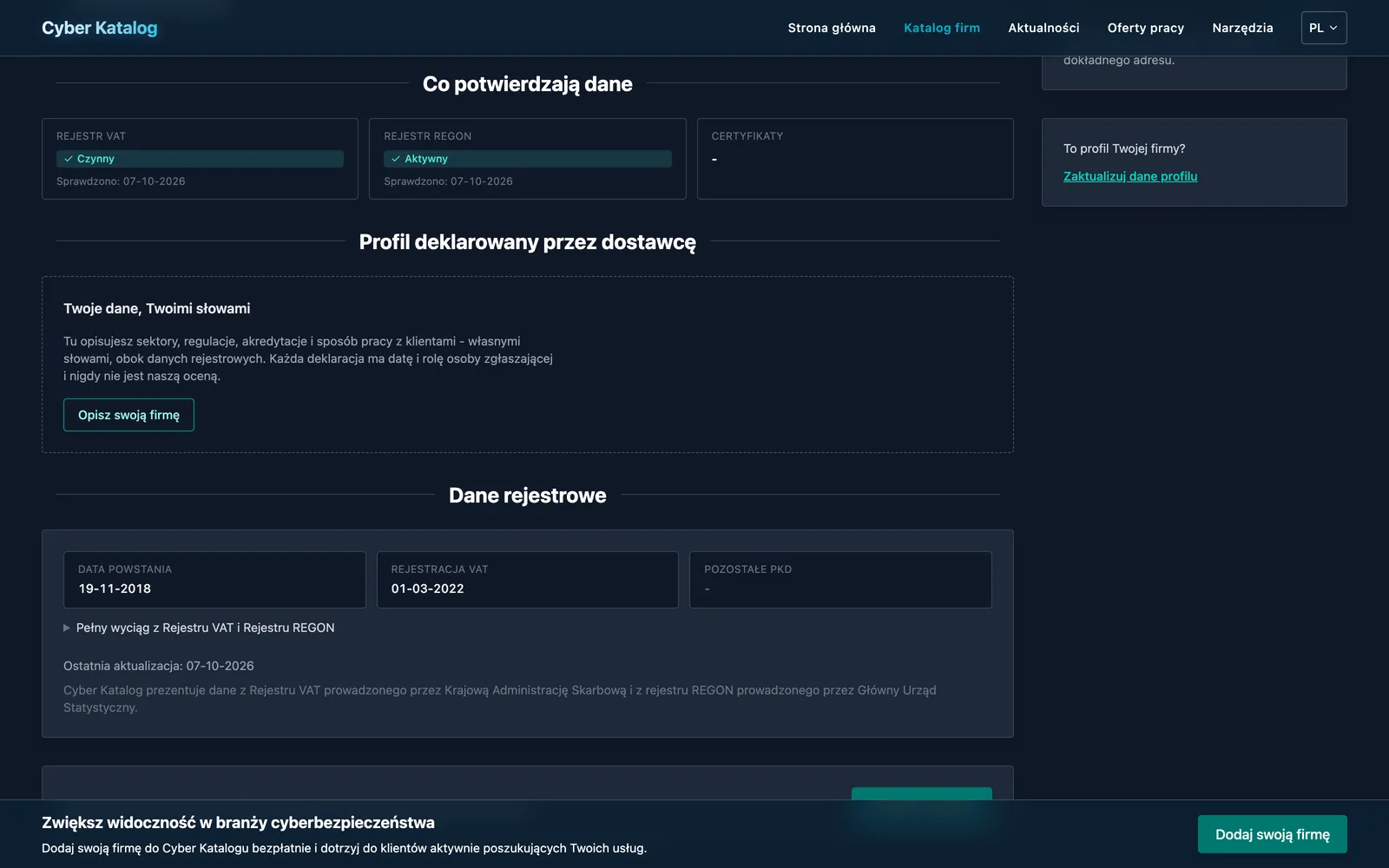 Blok danych z rejestru VAT na profilu firmy w Cyber Katalogu