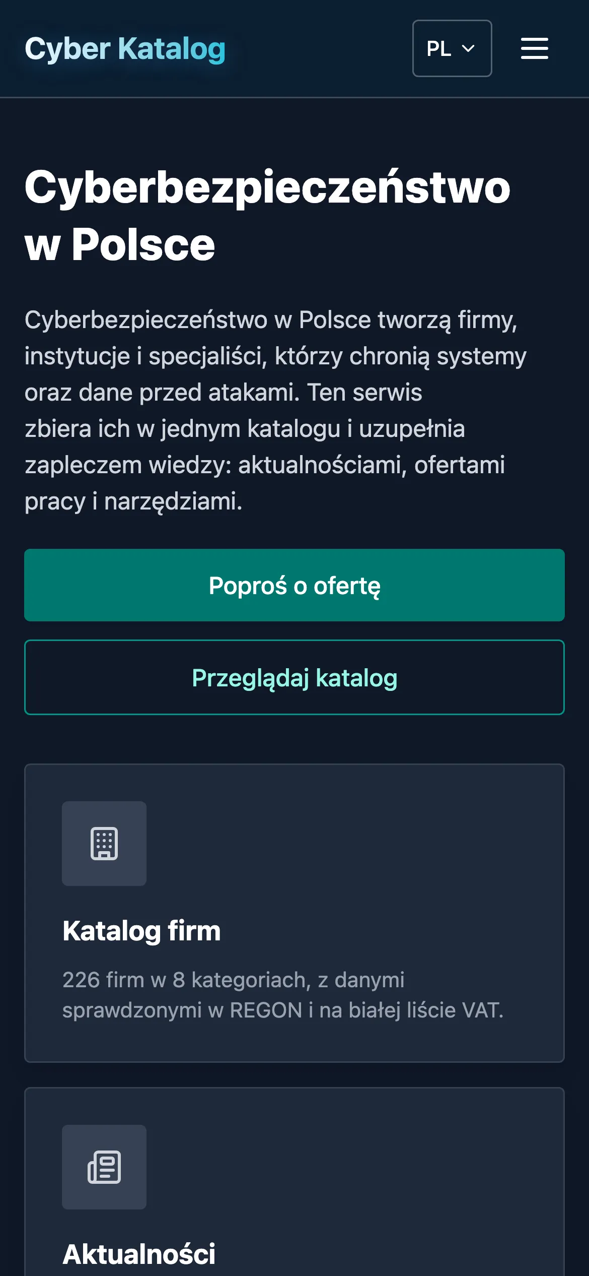 Strona główna Cyber Katalogu na telefonie: nagłówek, opis serwisu i kafelki katalogu w układzie jednokolumnowym