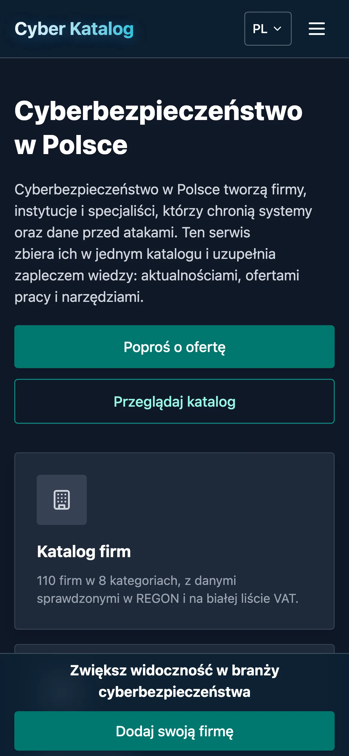 Strona główna Cyber Katalogu na telefonie: nagłówek, opis serwisu i kafelki katalogu w układzie jednokolumnowym