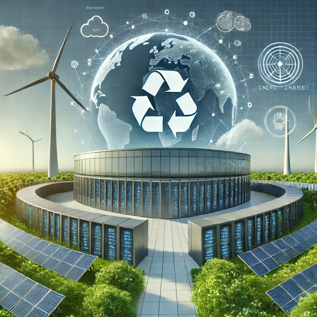 Nowoczesne centrum danych korzystające z energii odnawialnej z widocznymi panelami solarnymi i turbinami wiatrowymi, symbolizujące połączenie technologii i ekologii.